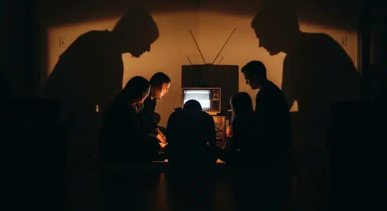 Silhouette of family watching TV in a dark room.