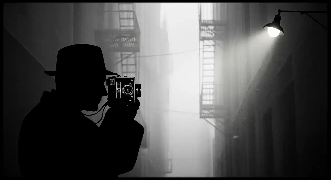 Silhouette with camera in dark alley, streetlight