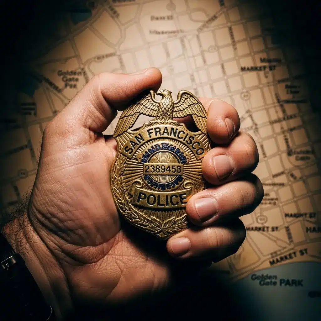A hand holding a police badge over a map of 1970s San Francisco.