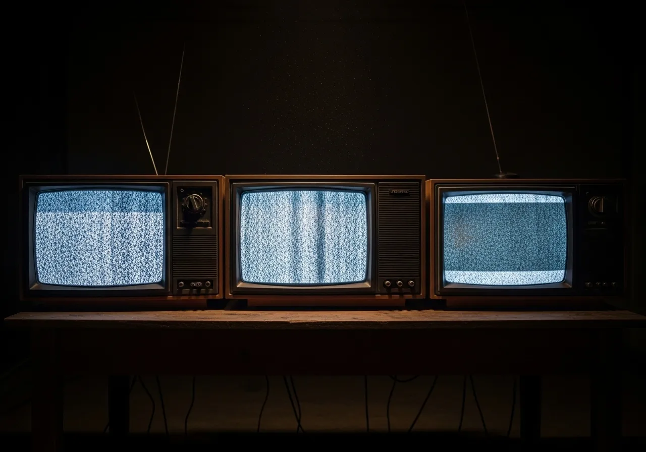 Three old TVs displaying static.