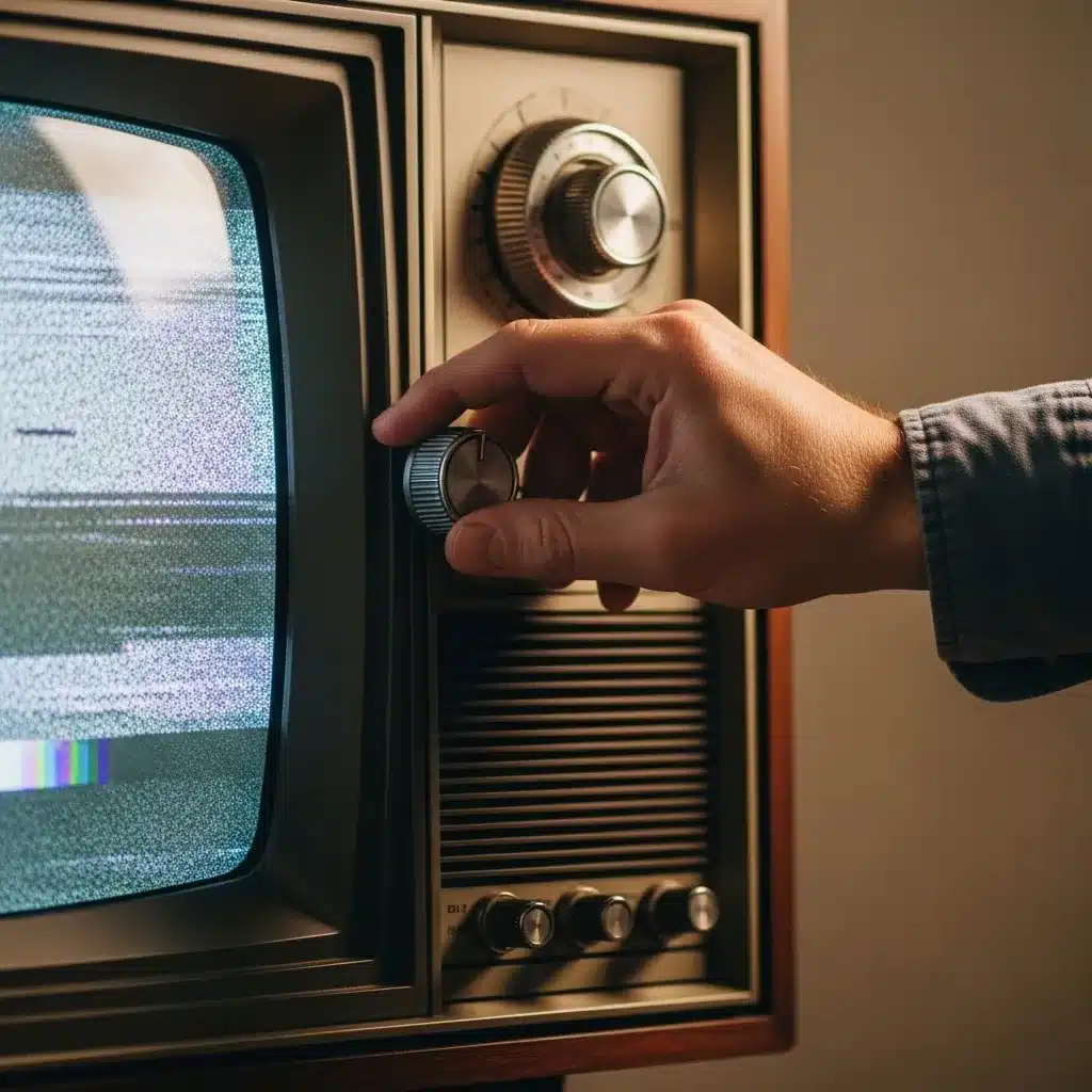 Hand adjusts knob on old TV.
