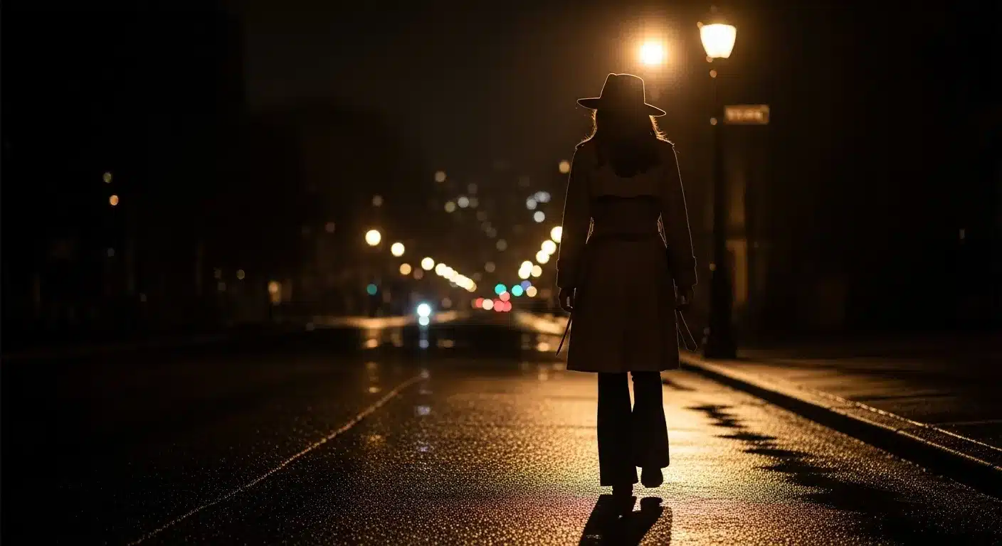 Silhouette of woman on a dark street, single streetlight casting shadows.