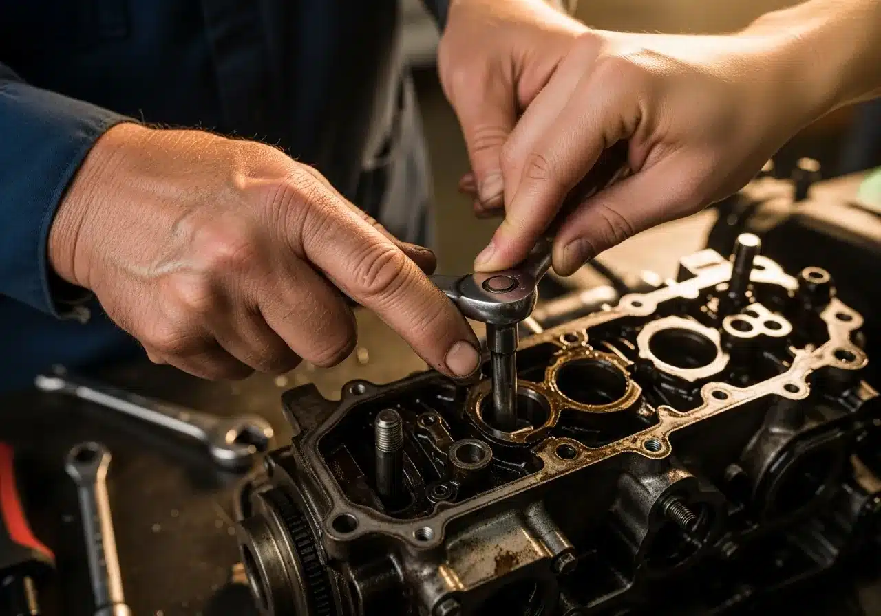 Two hands, one old and one young, working on a car engine.