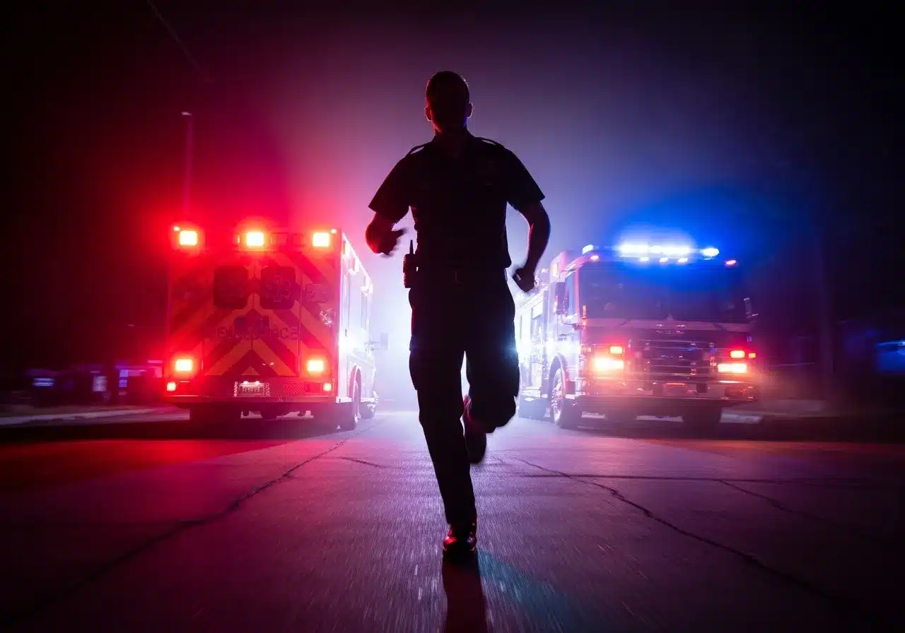 Paramedic running towards camera with emergency lights.
