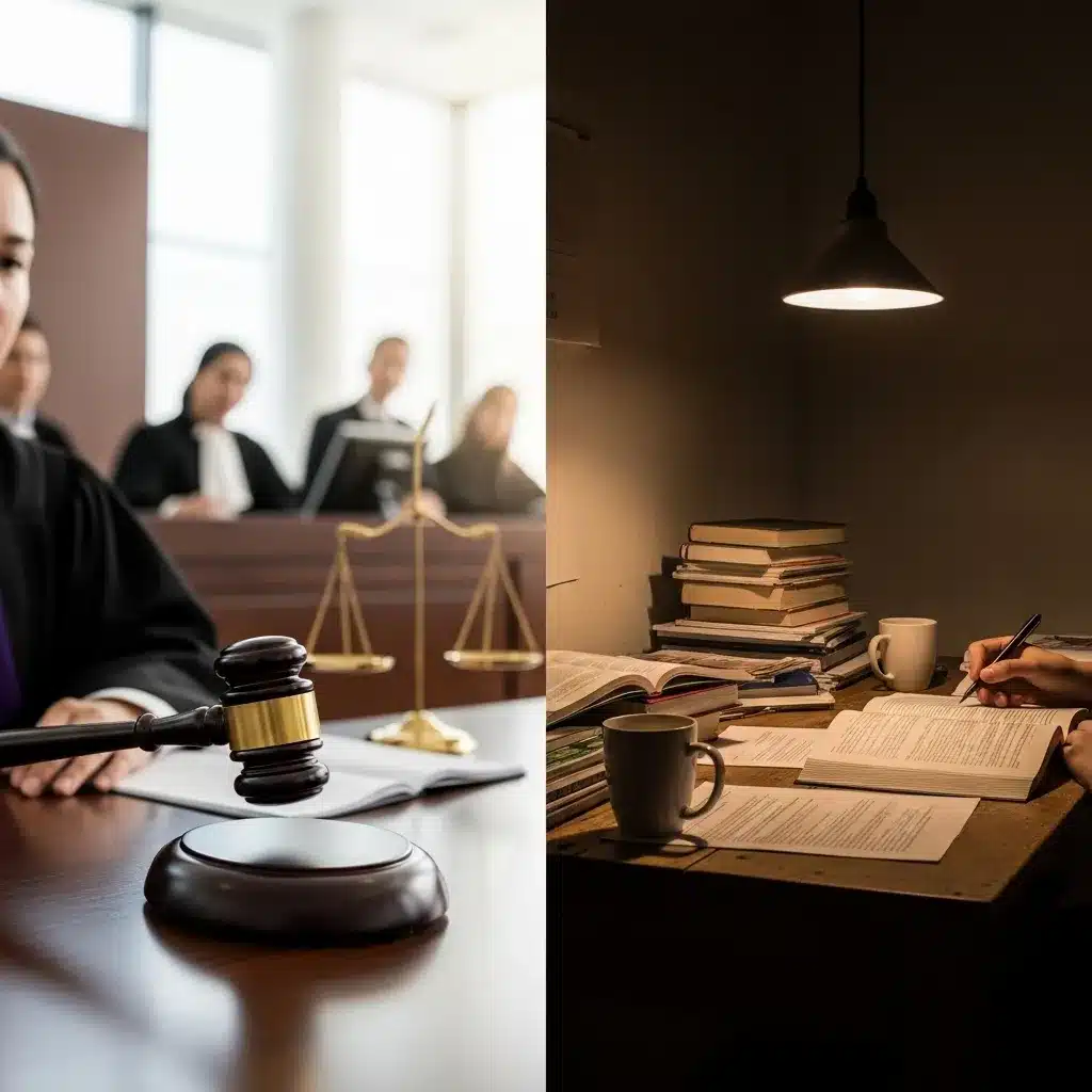 Courtroom vs. student room, contrasting legal worlds.