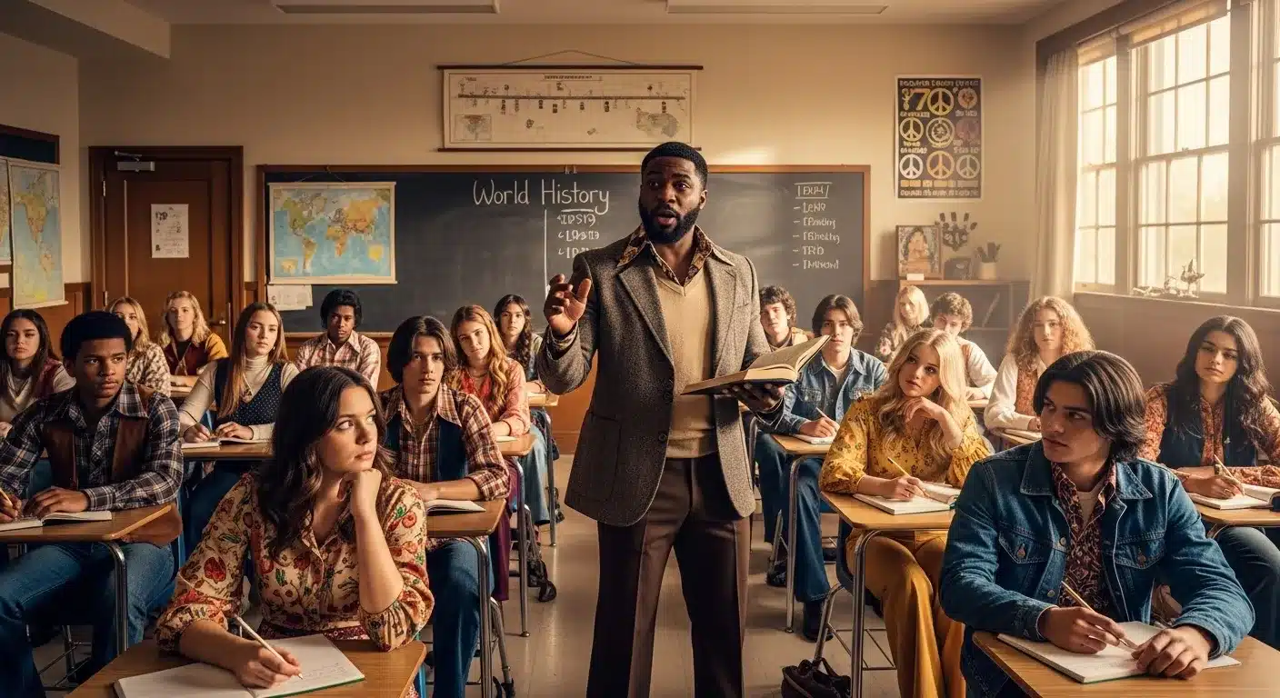 Students in a 70s high school classroom, listening to their teacher.