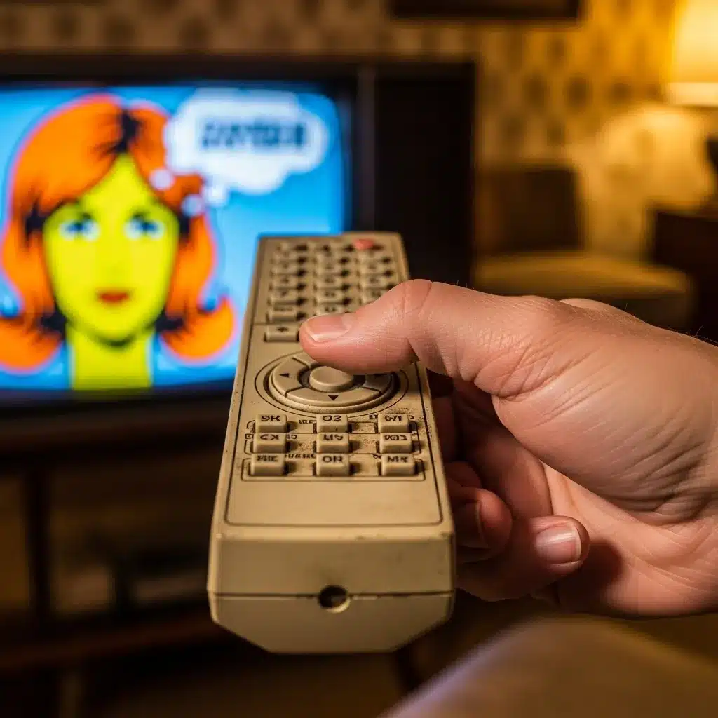 Hand holding remote, TV displaying graphic of speaking woman, symbolizing control over media and voice.