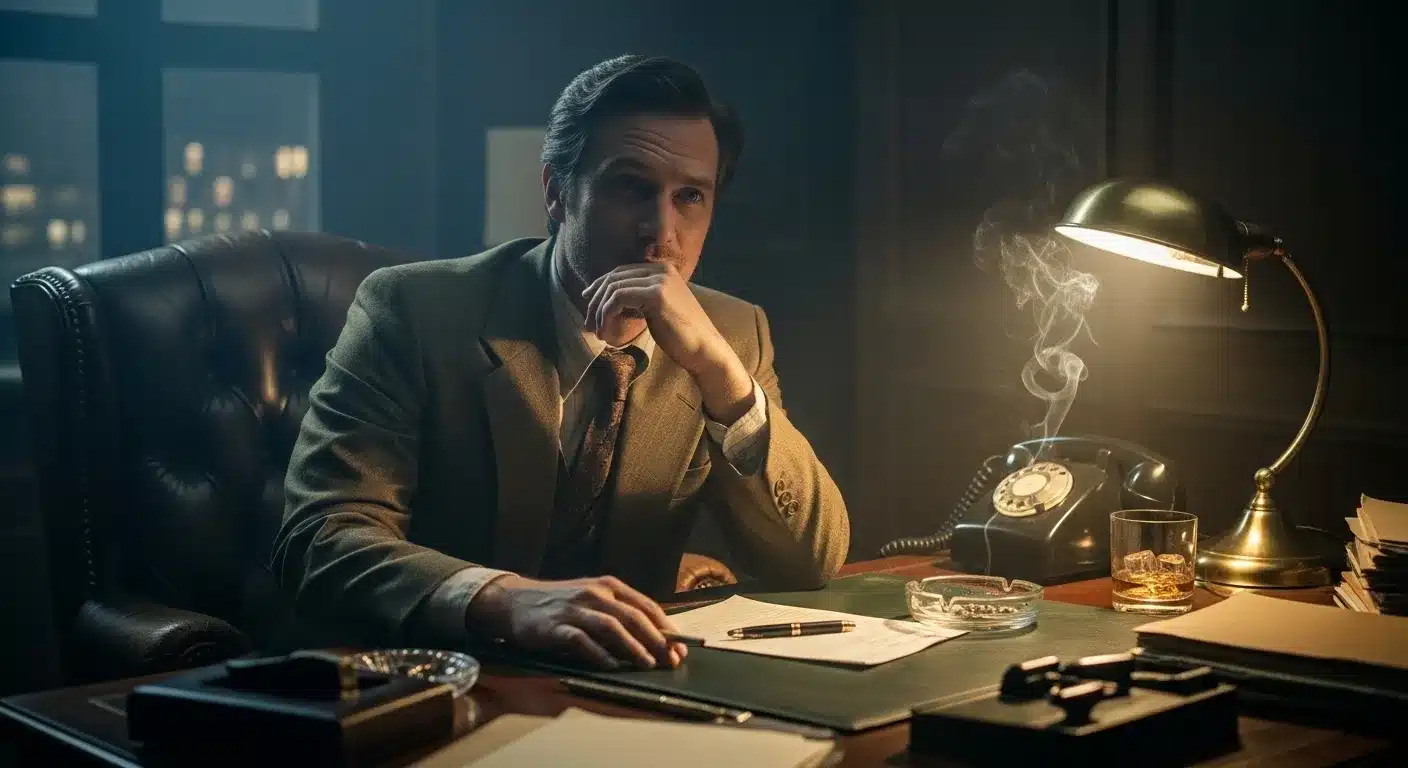 Man in 70s suit listens intently in dimly lit office.