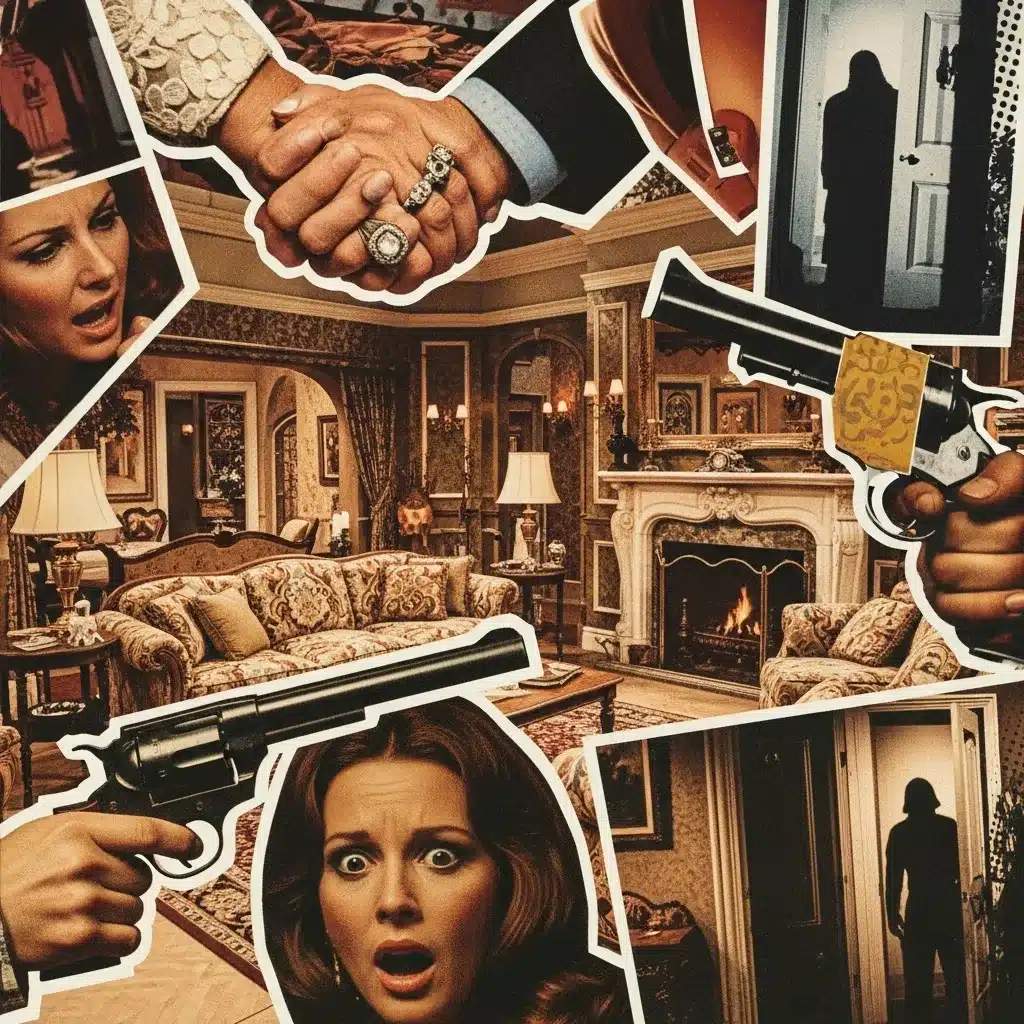 Collage of soap opera tropes: hand clasp, shocked face, gun, ring, figure.