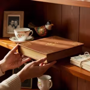 Hands placing a photo album on a shelf, signifying cherishing memories.
