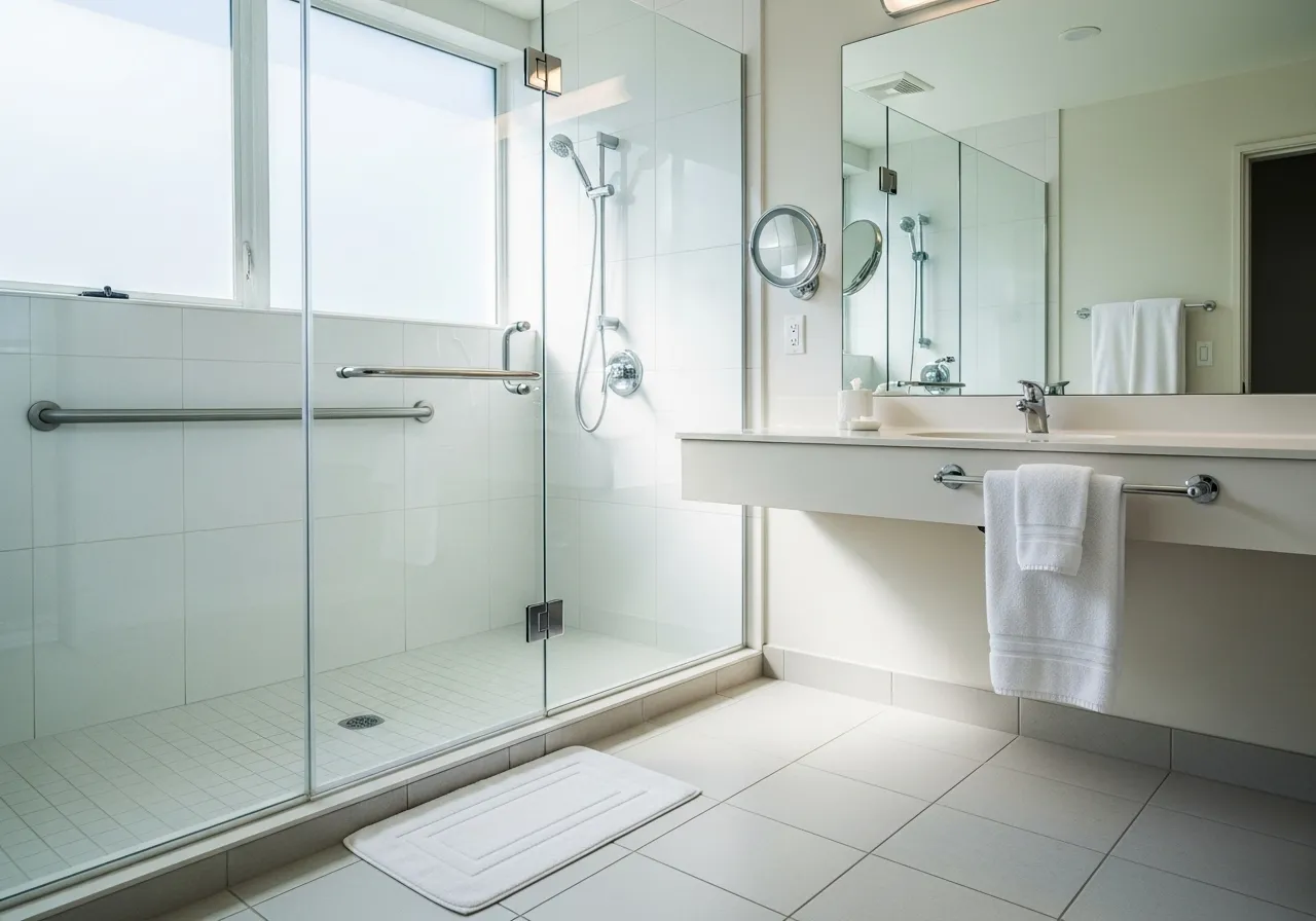 Safe and clean bathroom emphasizing senior-friendly features.