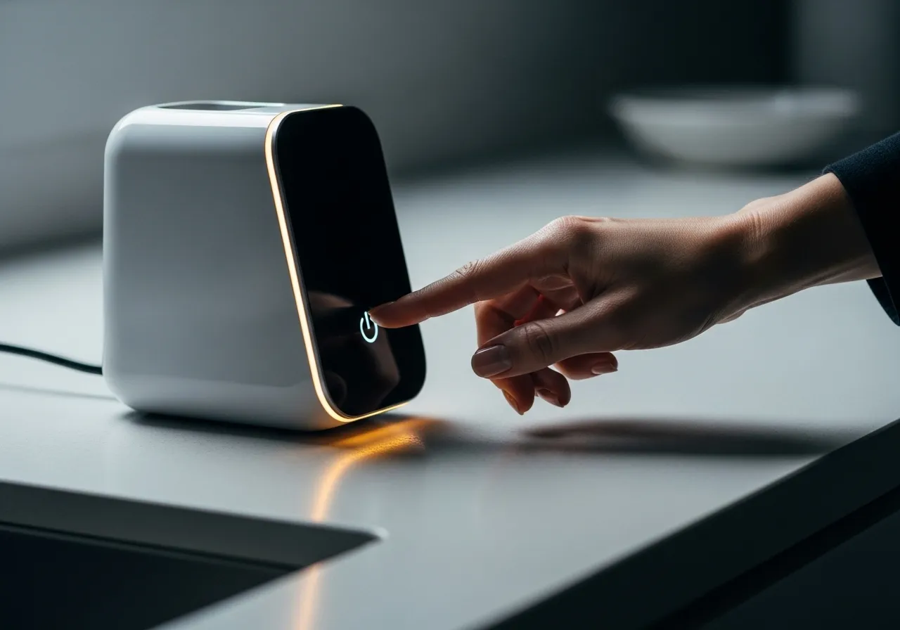Hand switching off a smart kitchen gadget, symbolizing decluttering and simplifying life.