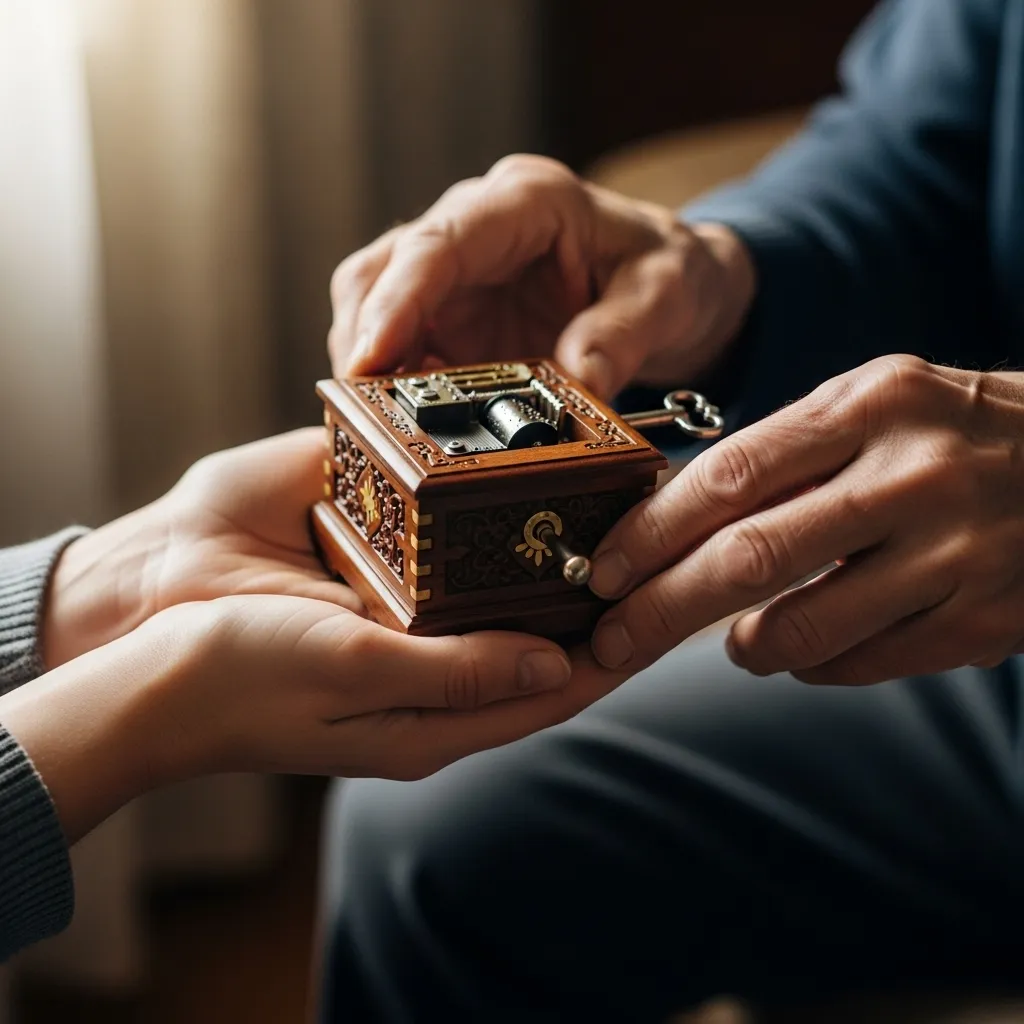 An older person passing down a treasured family heirloom to a younger generation.