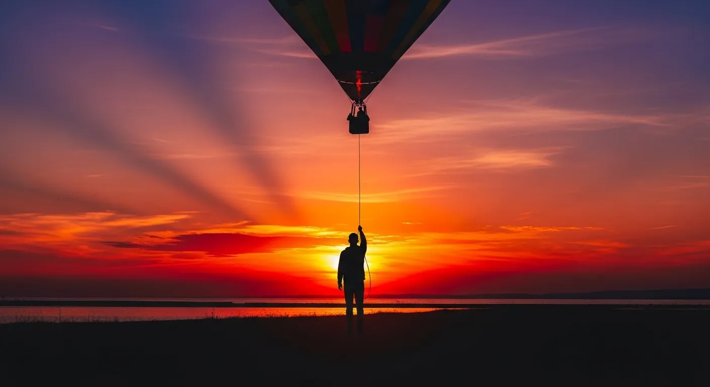 A person watches a hot air balloon ascend, symbolizing letting go.