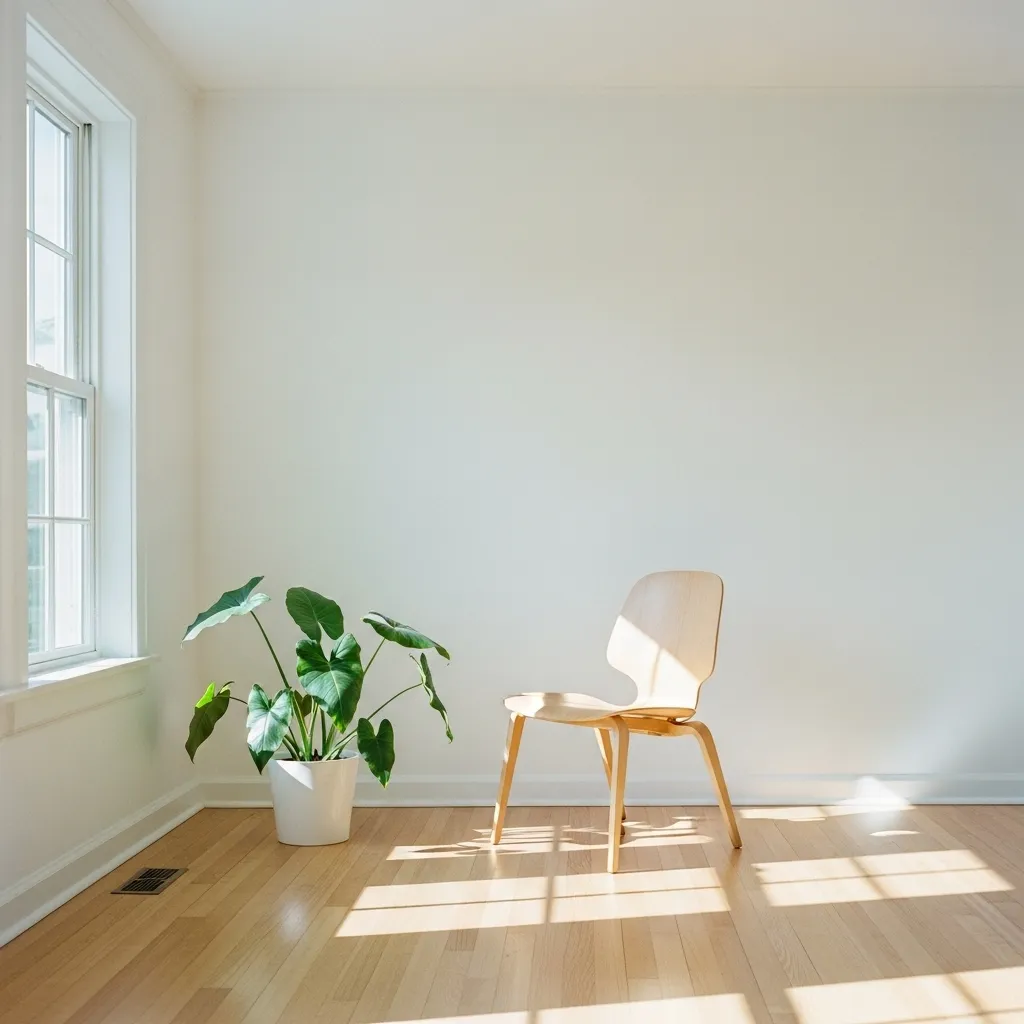 Minimalist room with chair and plant.