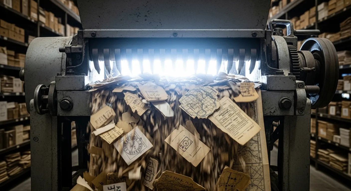 Shredder blades cutting documents, light from behind.