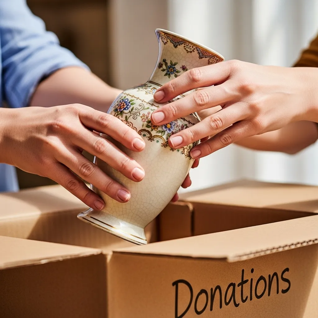 Hands placing a vase in a donation box.