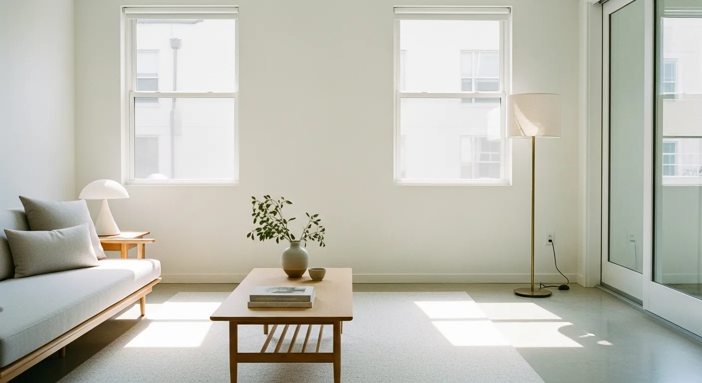 Bright, minimalist living room with simple furniture.