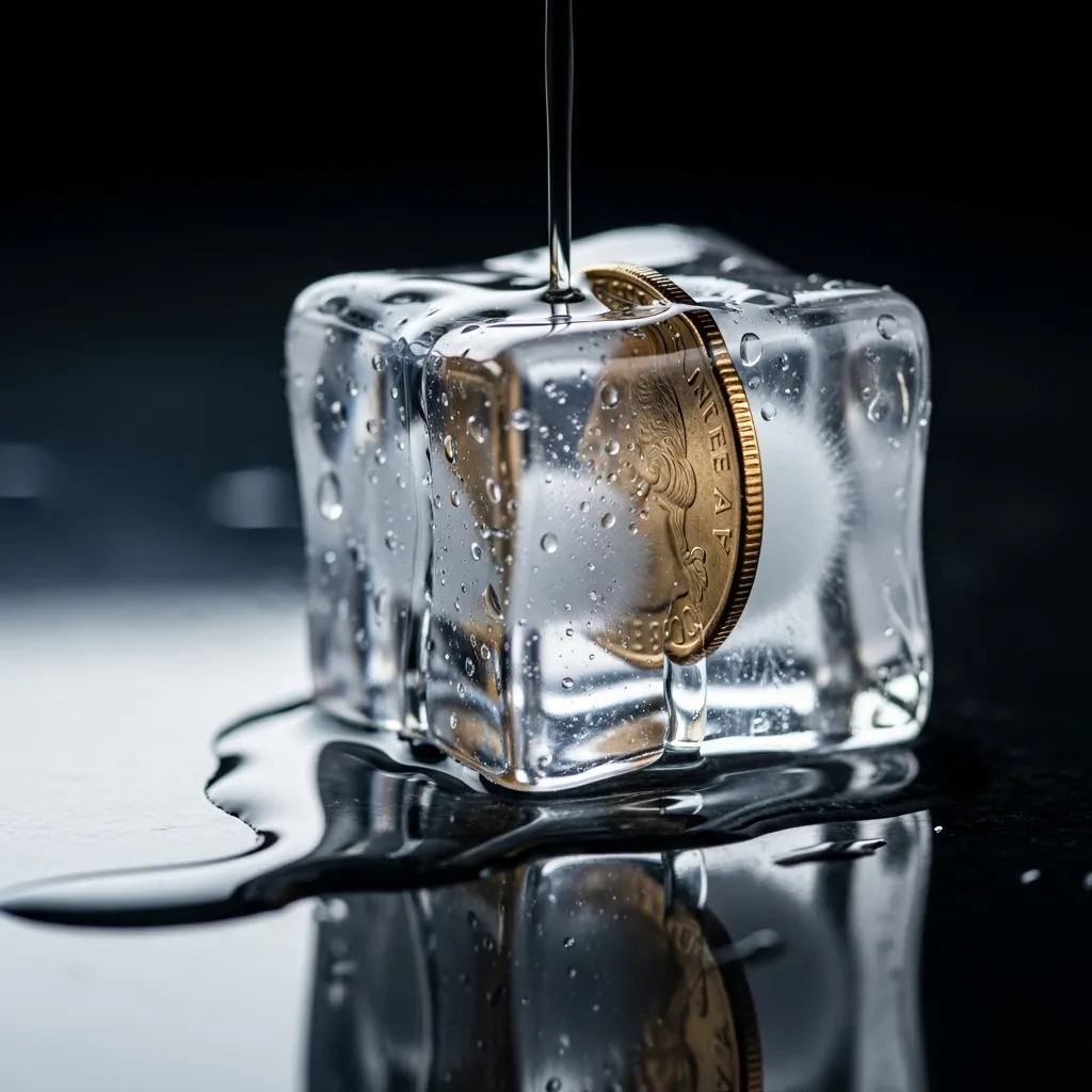 Melting ice cube with a coin, symbolizing the passage of time.