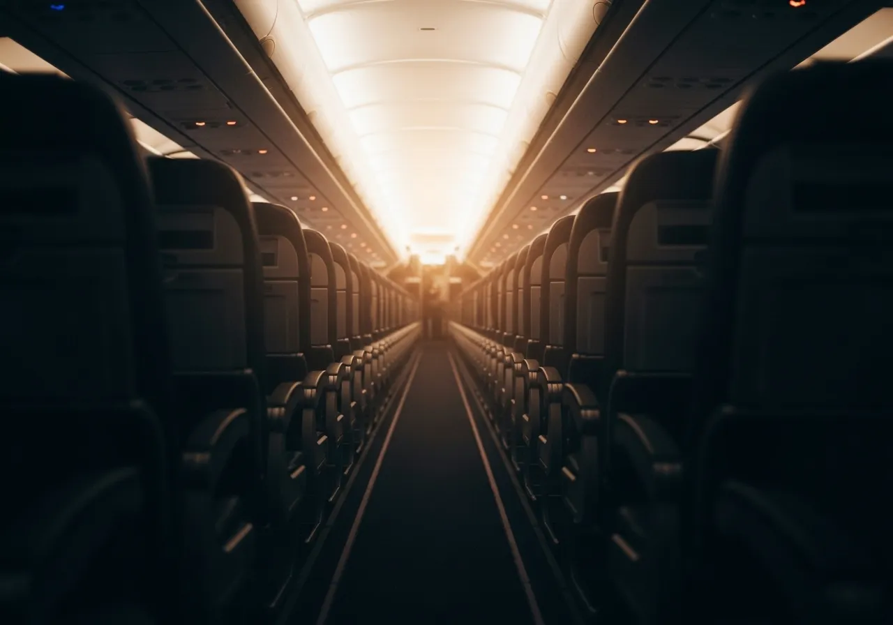 Empty airplane aisle, warm lighting.