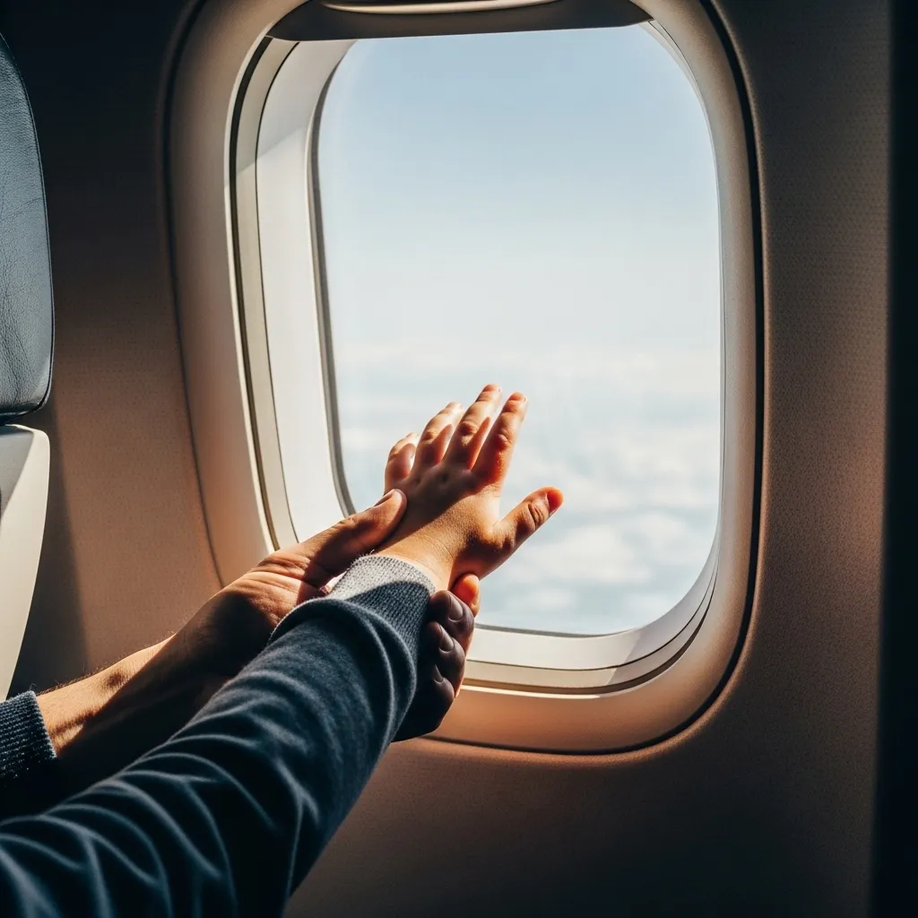 Hand holding a child's hand, both reaching for an airplane window.
