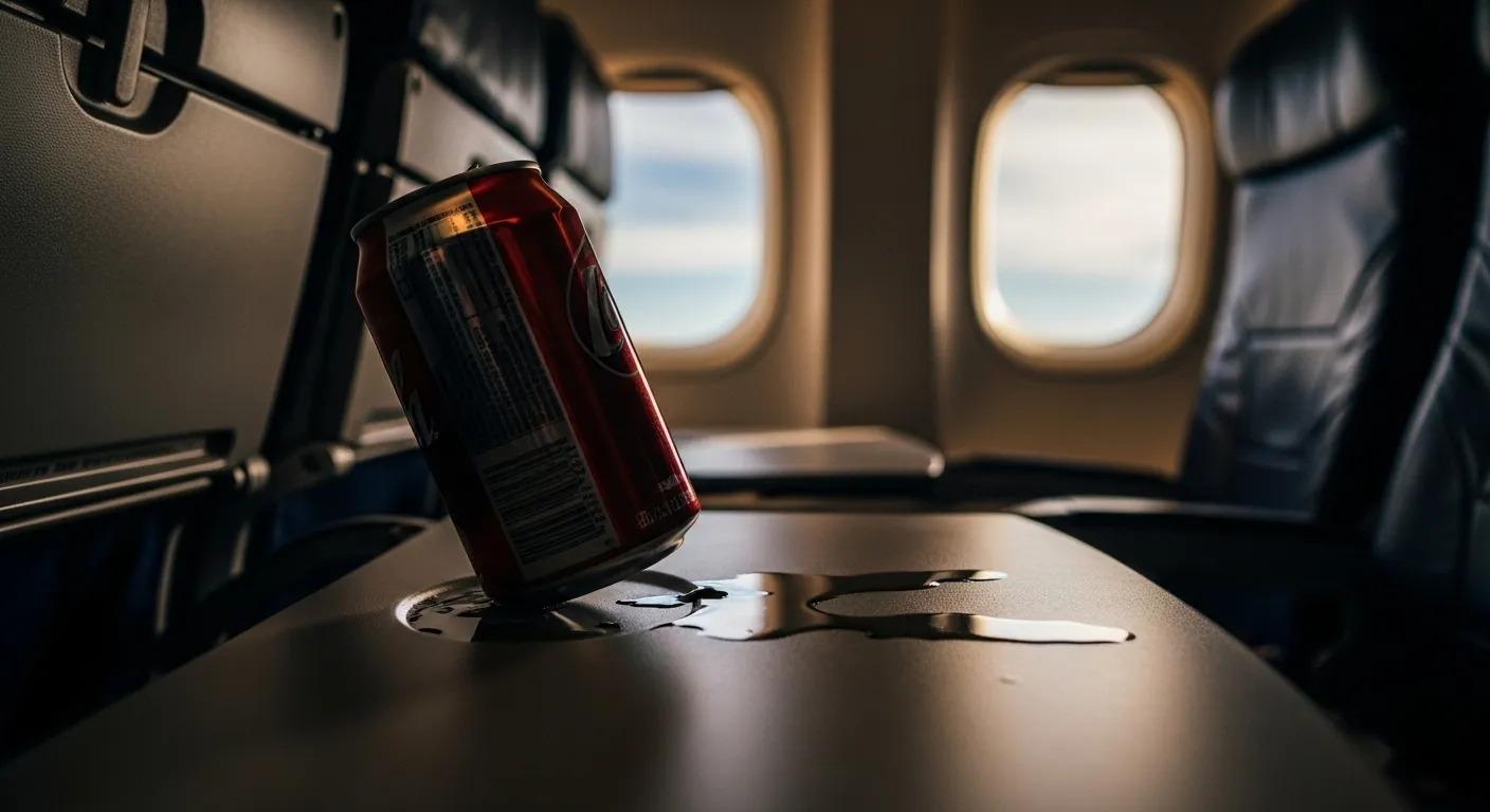 Soda can about to spill on a tray table.