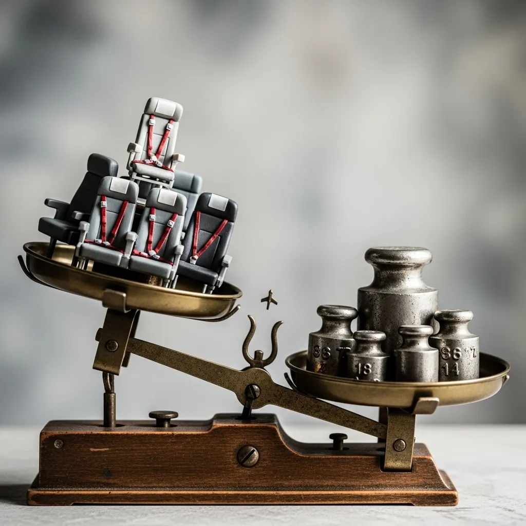 Balance scale tilted, with airplane seats and weights, symbolizing weight and balance.
