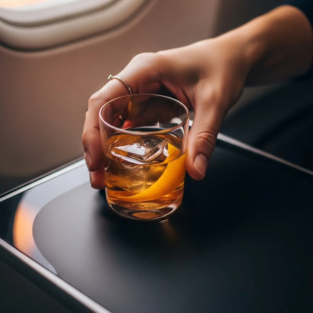 Hand offering a drink on a tray, symbolizing respectful interaction on a flight.