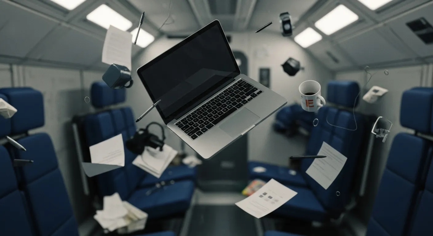 Laptop and items suspended in zero-g.
