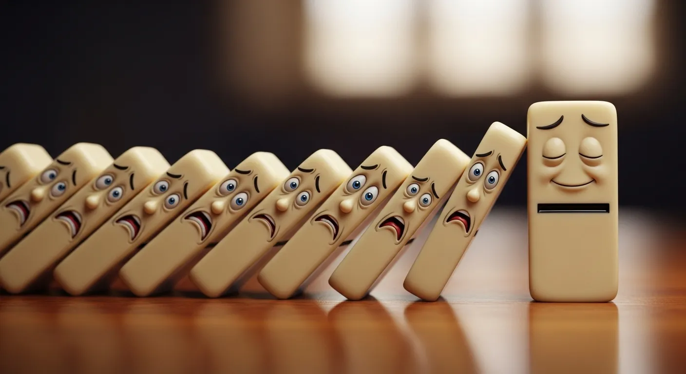 Dominoes falling, representing anxiety spread.