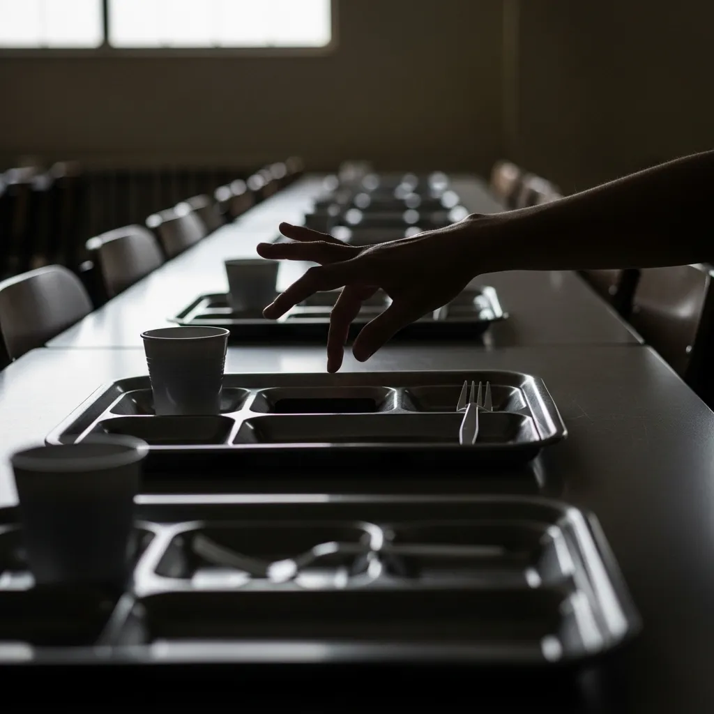 Hand reaching for an empty spot on a meal tray.