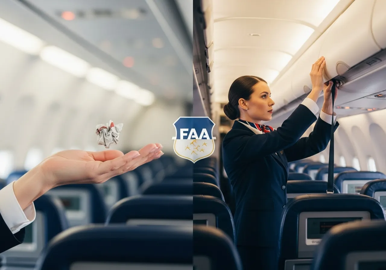 Divided image: trash offering vs. safety check, FAA logo overlay.