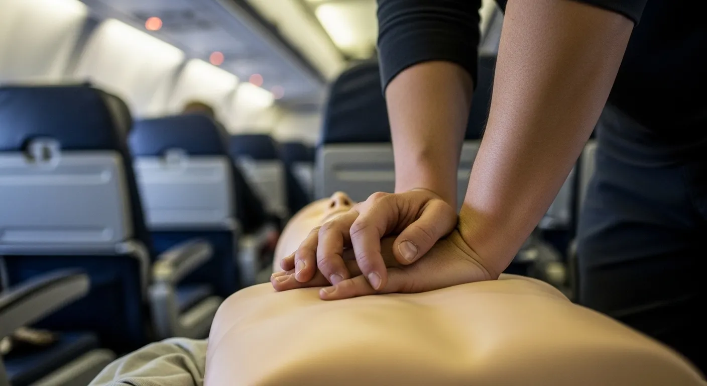Hands performing CPR, cabin backdrop.