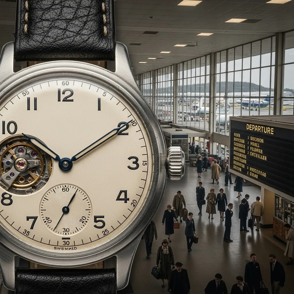 Watch face nearing midnight, symbolizing a looming deadline against the backdrop of an airport.