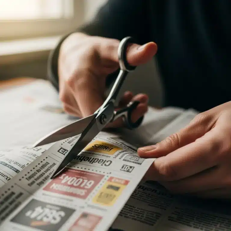 Hands clipping coupons, emphasizing thriftiness.