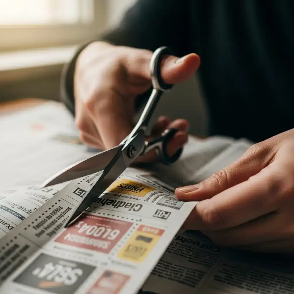 Hands clipping coupons, emphasizing thriftiness.