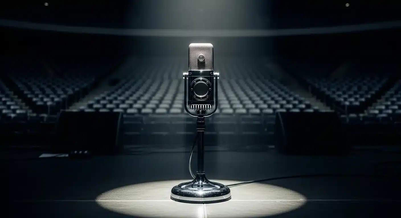 Vintage microphone spotlit on dark stage, empty stadium.