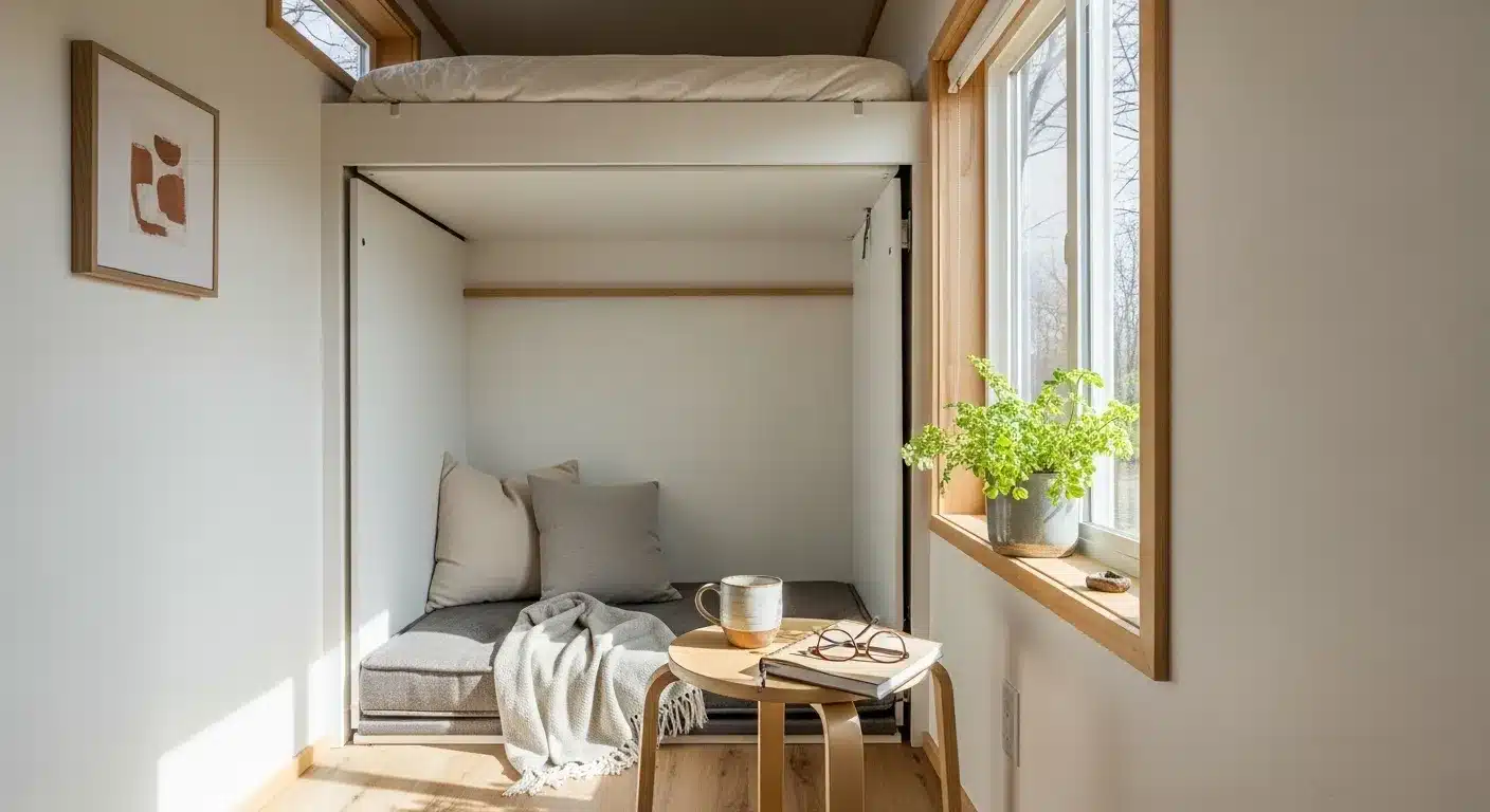 Bright, airy micro-home interior, focus on space-saving design and functionality.