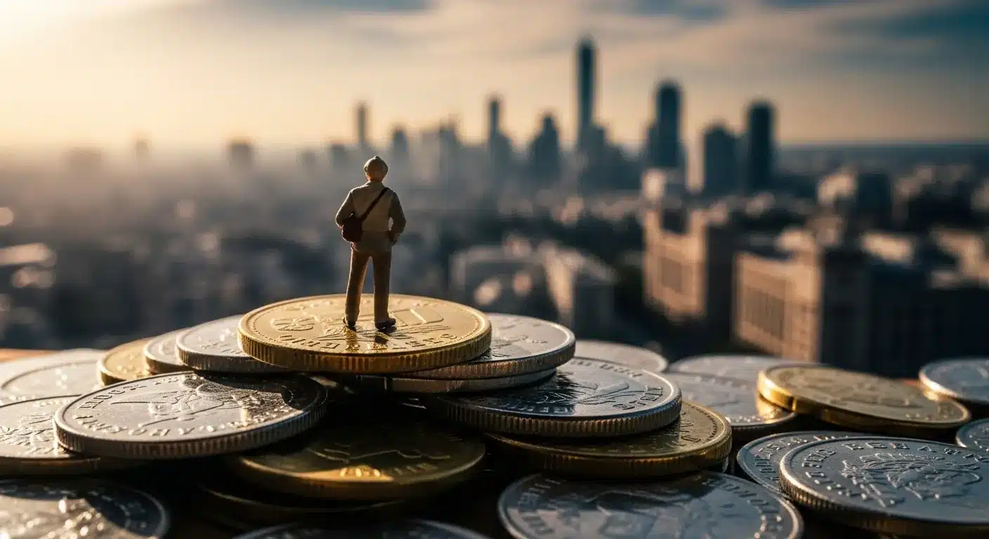 Miniature figure on coins looking at a city, representing financial planning.