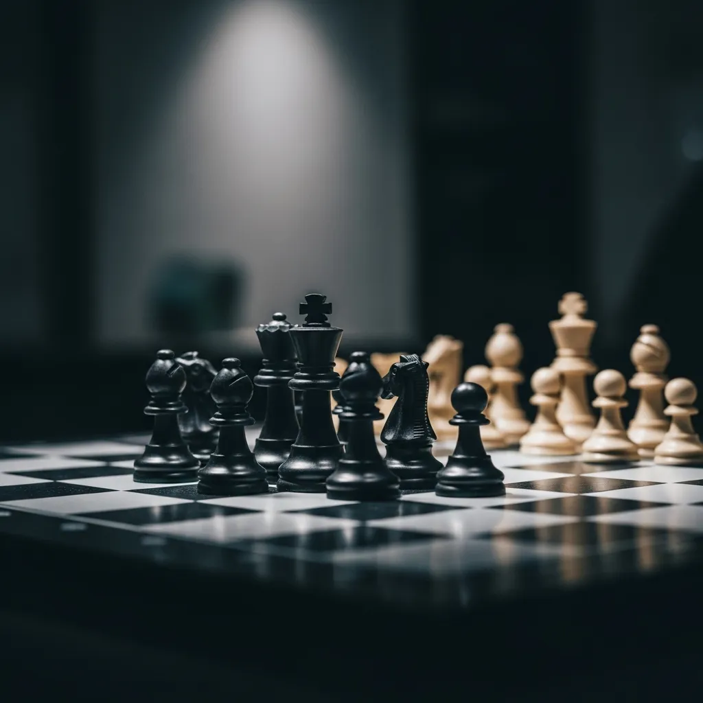 Chessboard mid-game, focus on strategy.