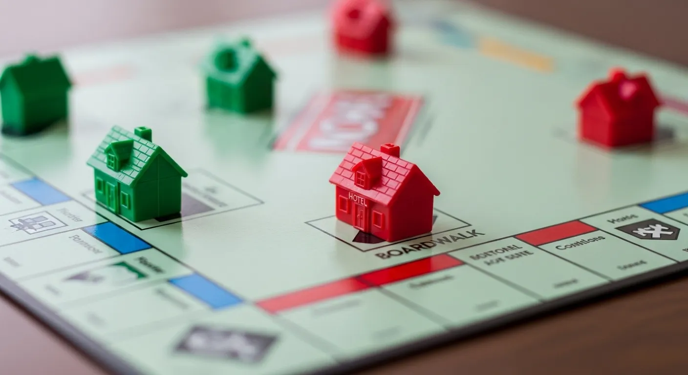 Miniature houses on a Monopoly board, symbolizing modest homeownership.