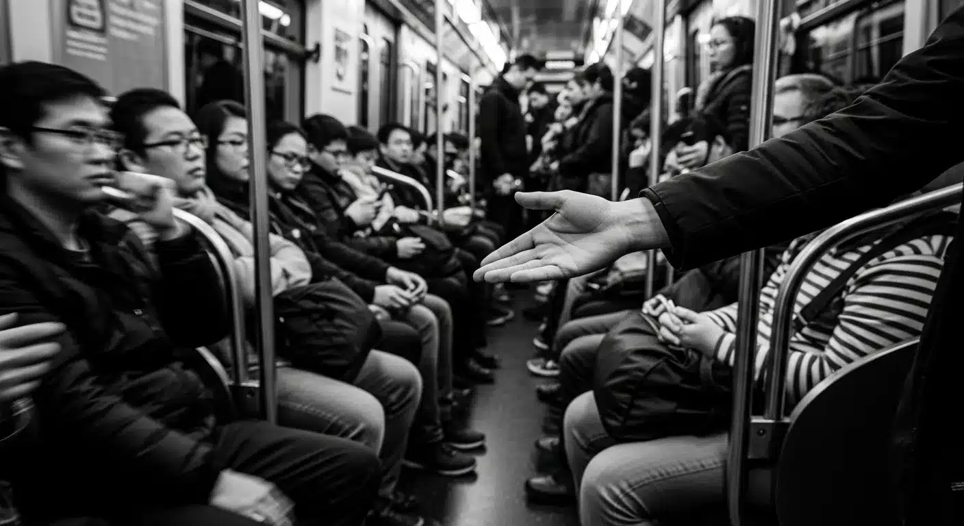 Blurred image of someone giving up their seat on a subway.