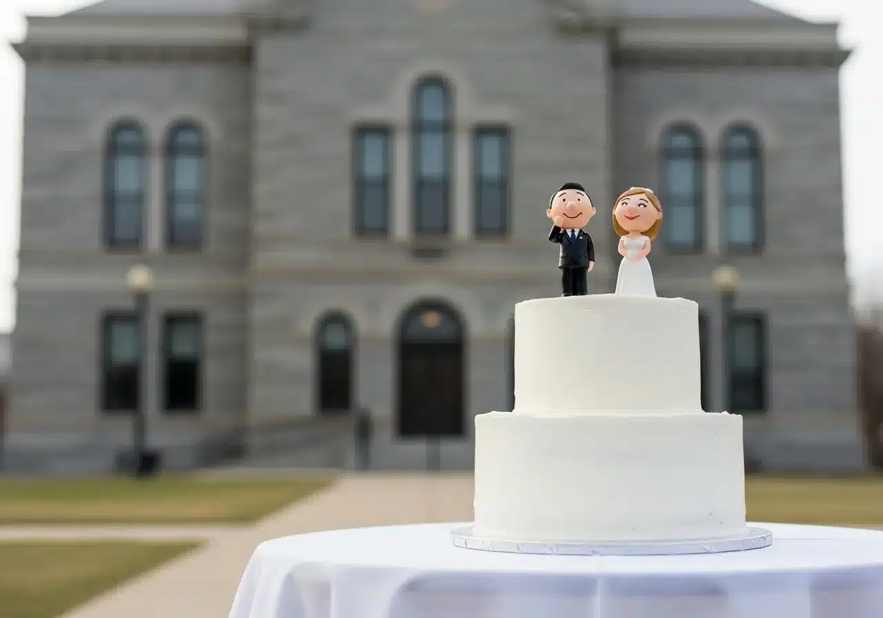 Small wedding cake with figurines in front of a courthouse.