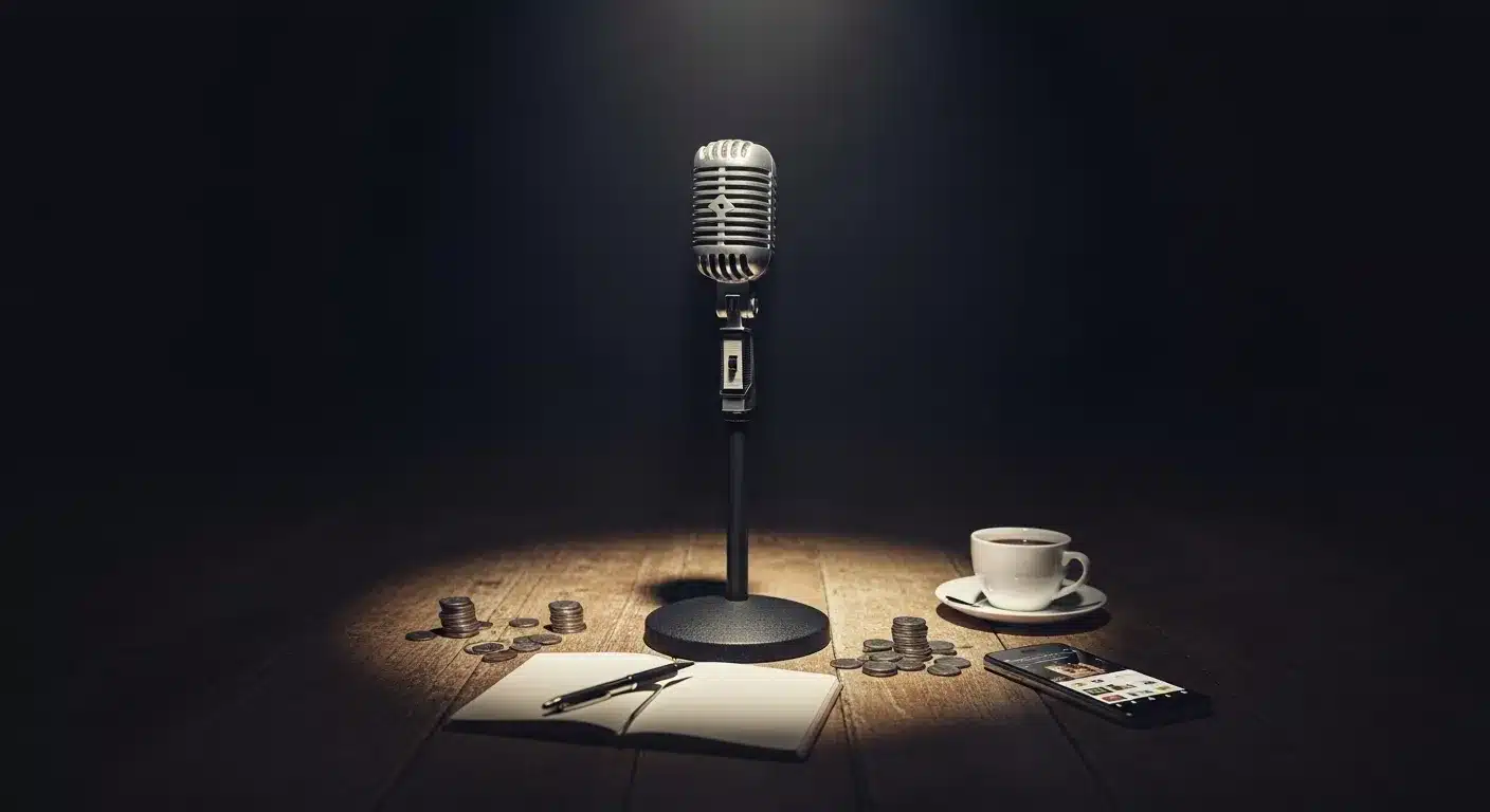 Vintage microphone on stage, spotlight. Symbol of side hustle.