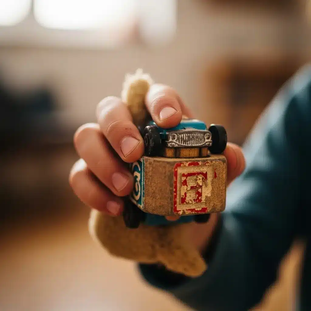 Child's hand holding a well-loved toy.