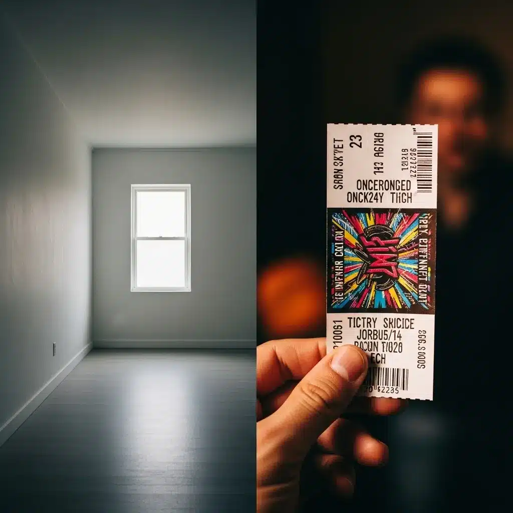 Split image of a simple room and a hand holding a concert ticket.