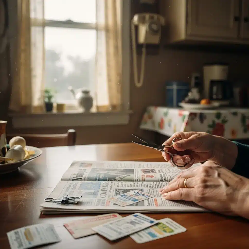 Hands clipping coupons, emphasizing frugality.
