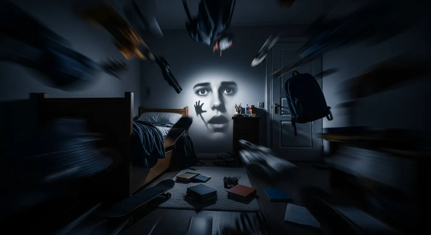 Objects flying in a teenager's bedroom, depicting poltergeist activity.