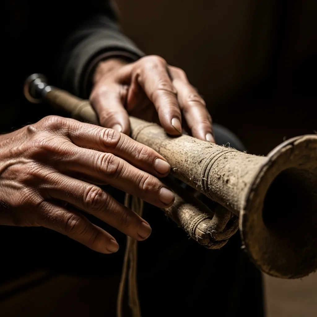 Close-up of hands on a dusty spirit trumpet, dramatic lighting.