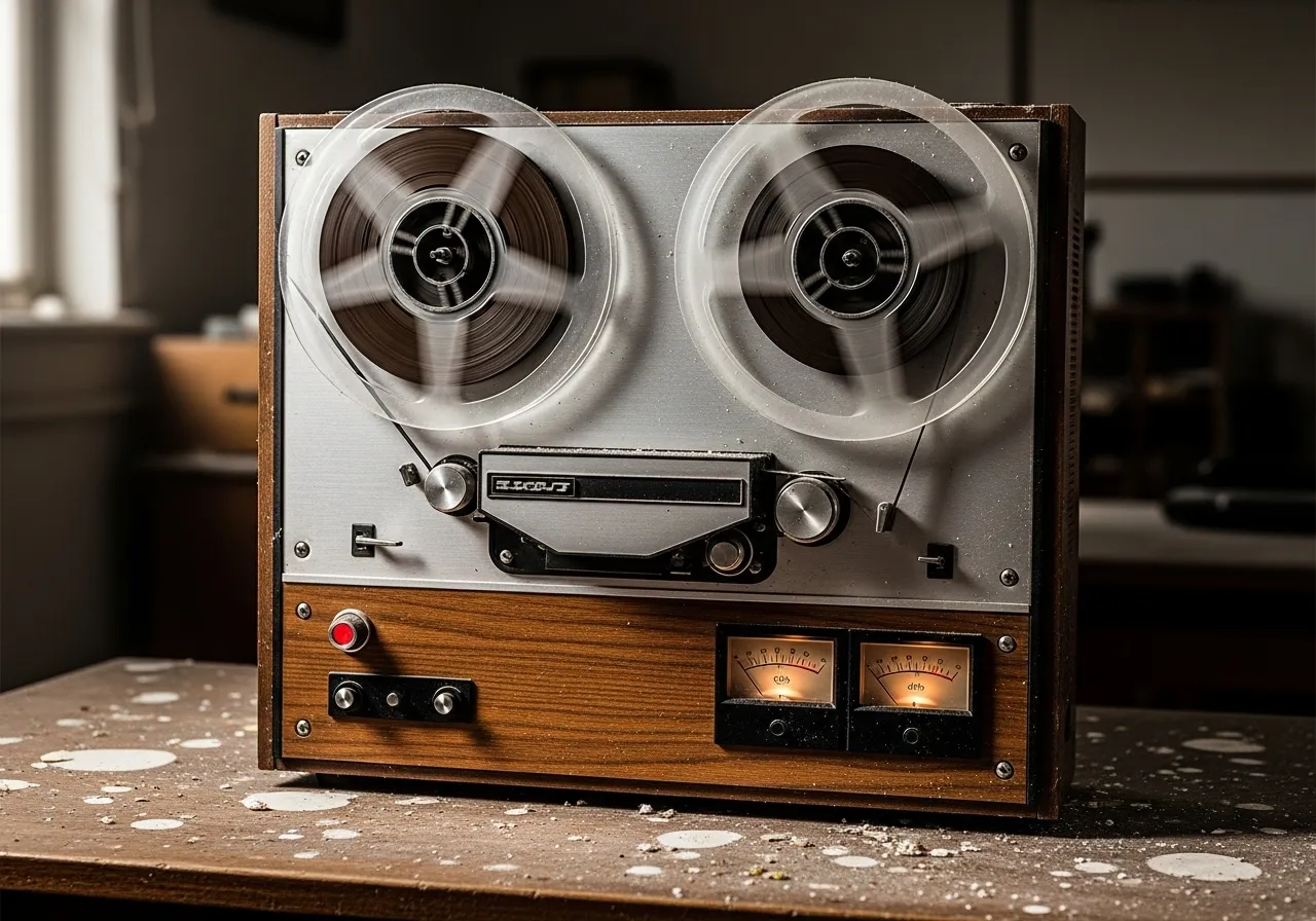 Reel-to-reel tape recorder with glowing red light in a dark room.